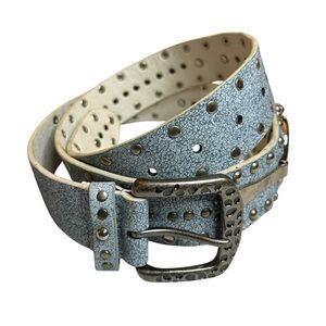 Y2K Western Style Powder Blue Studded Belt with Antique Silver Buckle & Concho